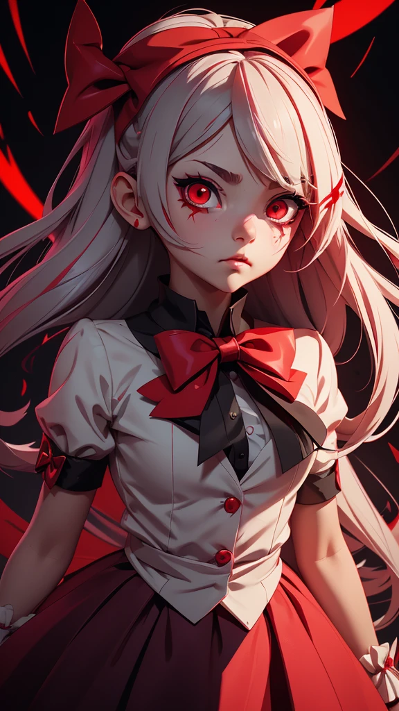 Anime girl with blood in her eyes and a bow tie, gapmoe Yandere, gapmoe Yandere grimdark, With eyes that glow red, Yandere, Red eyes glow, My eyes are completely red, Devil Anime Girl, portrait gapmoe Yandere grimdark, My eyes are completely red no pupils, With red eyes, Bloody Eyes, Yandere intricate, 