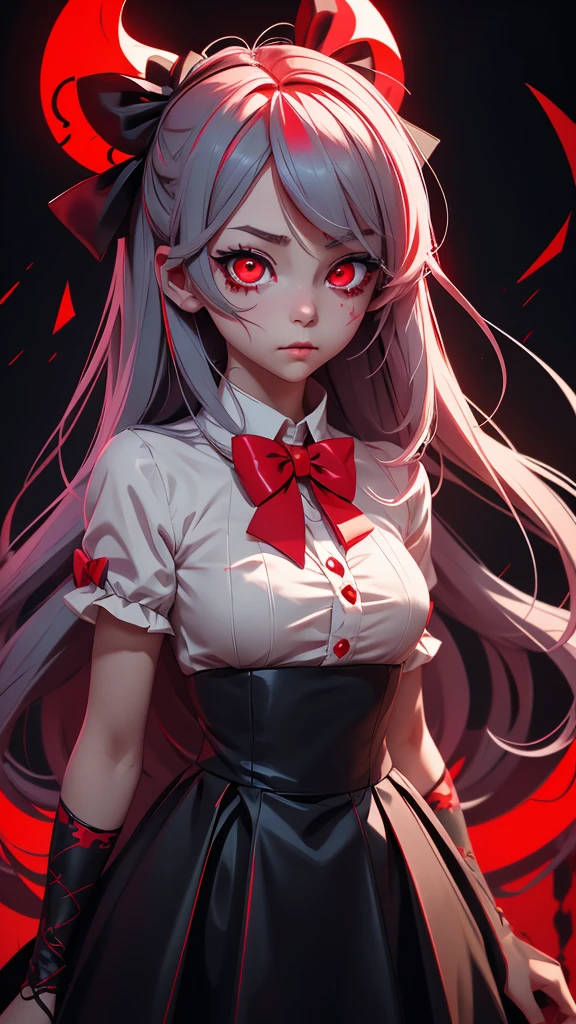 Anime girl with blood in her eyes and a bow tie, gapmoe Yandere, gapmoe Yandere grimdark, With eyes that glow red, Yandere, Red eyes glow, My eyes are completely red, Devil Anime Girl, portrait gapmoe Yandere grimdark, My eyes are completely red no pupils, With red eyes, Bloody Eyes, Yandere intricate, 