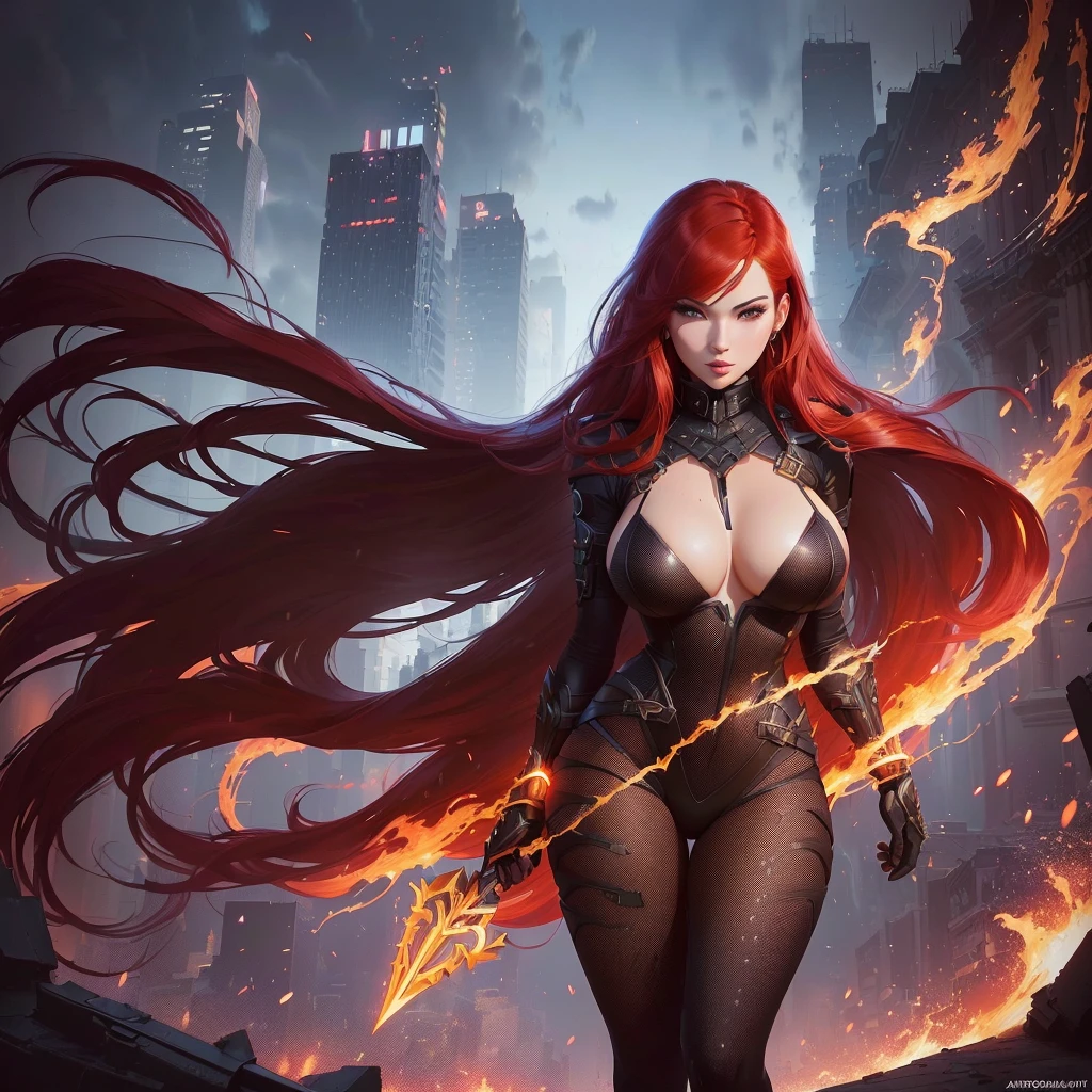 a woman with red hair and a black outfit standing in front of a city, ig model | artgerm, deviantart artstation cgscosiety, extremely detailed artgerm, alena aenami and artgerm, style artgerm, katarina from league of legends, in the style artgerm, katarina, artgerm and rossdraws