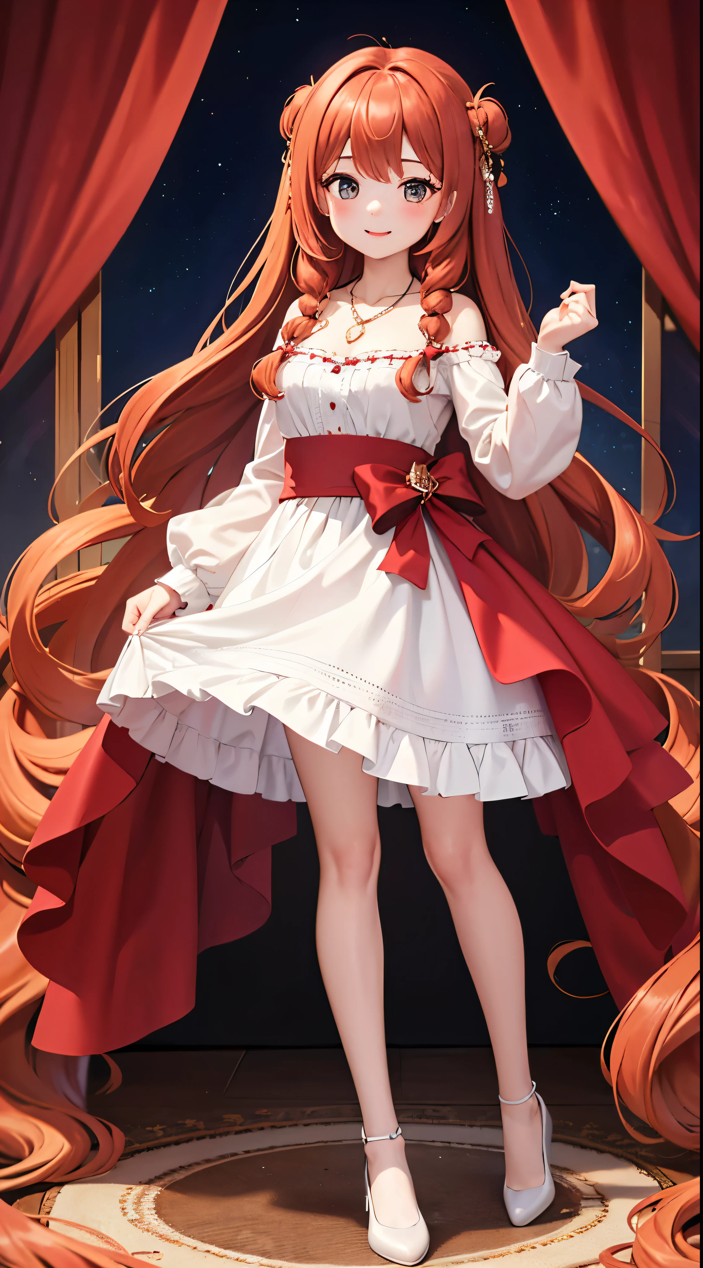 with high definition images，The most beautiful woman in the world、Long Chestnut Hair、Wavy hairstyle、smile、necklace、temperament、White satin dress、Full body high quality images、Facial details