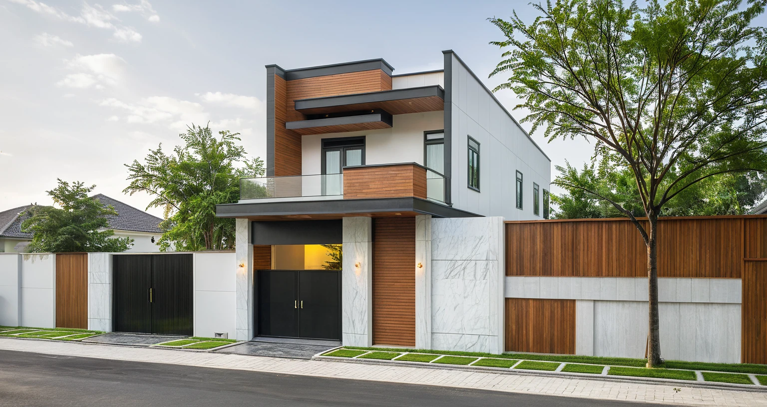 modern villa on street, (daylight), tropical tree, vivid colour, streetcapes, white tone, white wall, large glass door, warm interior lighting, wood and marble, best quality, 17ArchiAI_XL_VL-v1