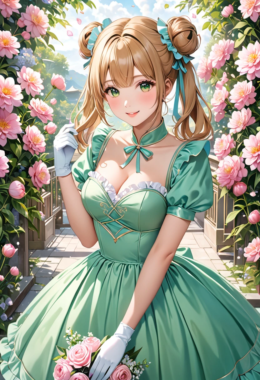 20 years old,1 girl,hyperrealistic, 8k, (extremely detailed 8k), (very delicate and beautiful), (masterpiece), (better quality:1.0), (ultra high resolution:1.0), (masterpiece, best quality), cute,blonde,cleavage cutout,(broen dress:1.3),(crop top navel:1),gleaming skin,twintails,twin bun,a pink ribbon on the head,long hair,pastel green frill Chinese-made dress,white long gloves,delighted,hold a bouquet of flowers,from the front,a bunch of flowers,POV,bust shot,white frill,puffy sleeves,surrounded by flowers,cry for joy