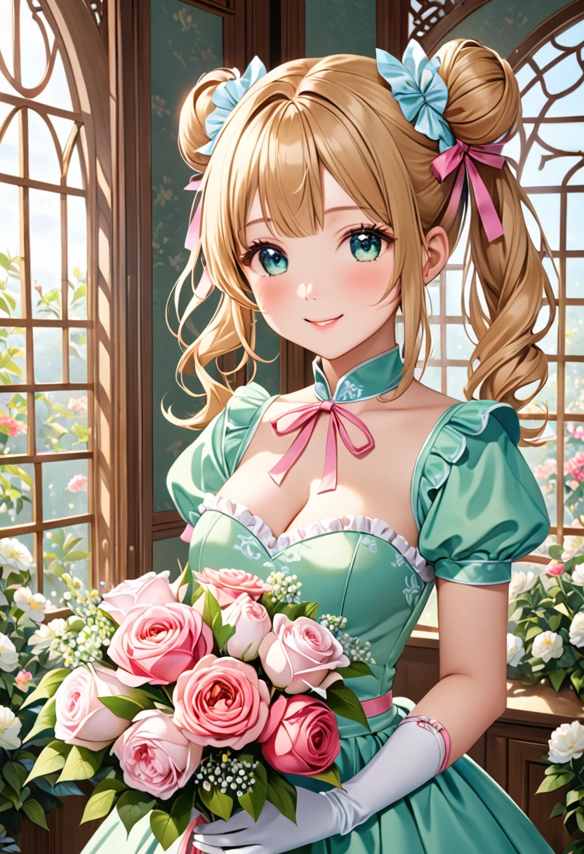 20 years old,1 girl,hyperrealistic, 8k, (extremely detailed 8k), (very delicate and beautiful), (masterpiece), (better quality:1.0), (ultra high resolution:1.0), (masterpiece, best quality), cute,blonde,cleavage cutout,(broen dress:1.3),(crop top navel:1),gleaming skin,twintails,twin bun,a pink ribbon on the head,long hair,pastel green frill Chinese-made dress,white long gloves,delighted,hold a bouquet of flowers,from the front,a bunch of flowers,POV,bust shot,white frill,puffy sleeves,surrounded by flowers,cry for joy