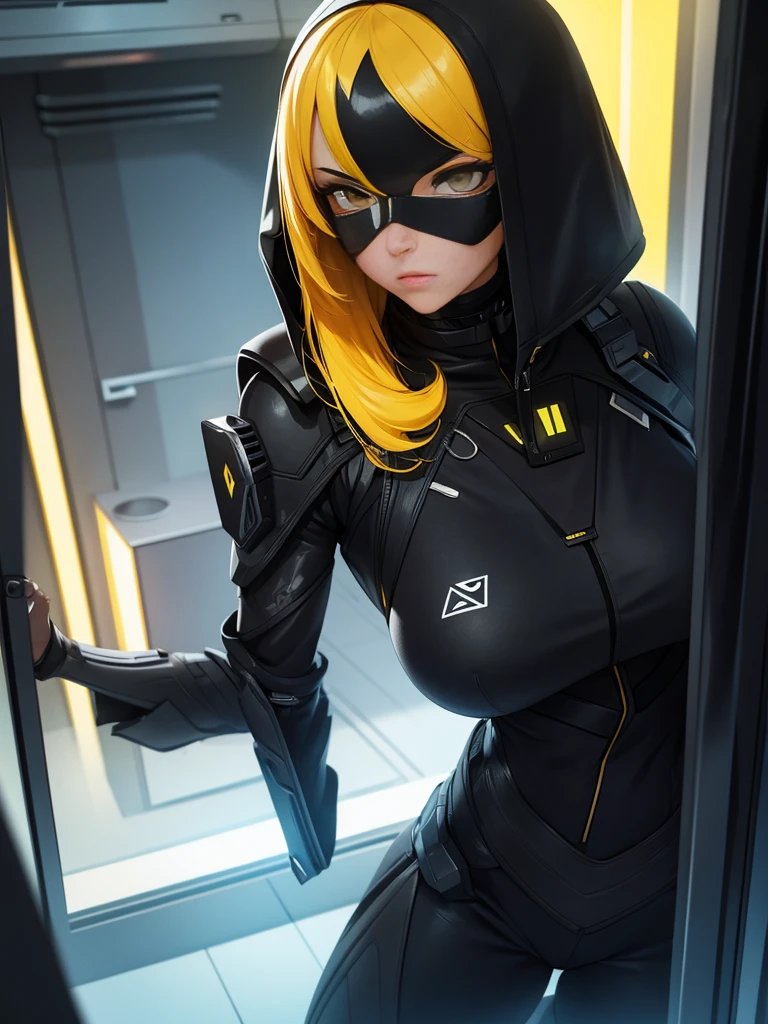 girl, with black futuristic spy suit, yellow hair.