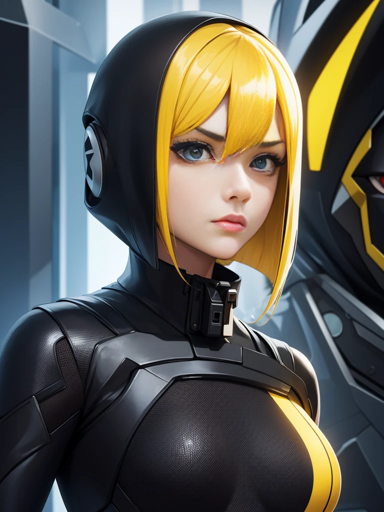 girl, with black futuristic spy suit, yellow hair.