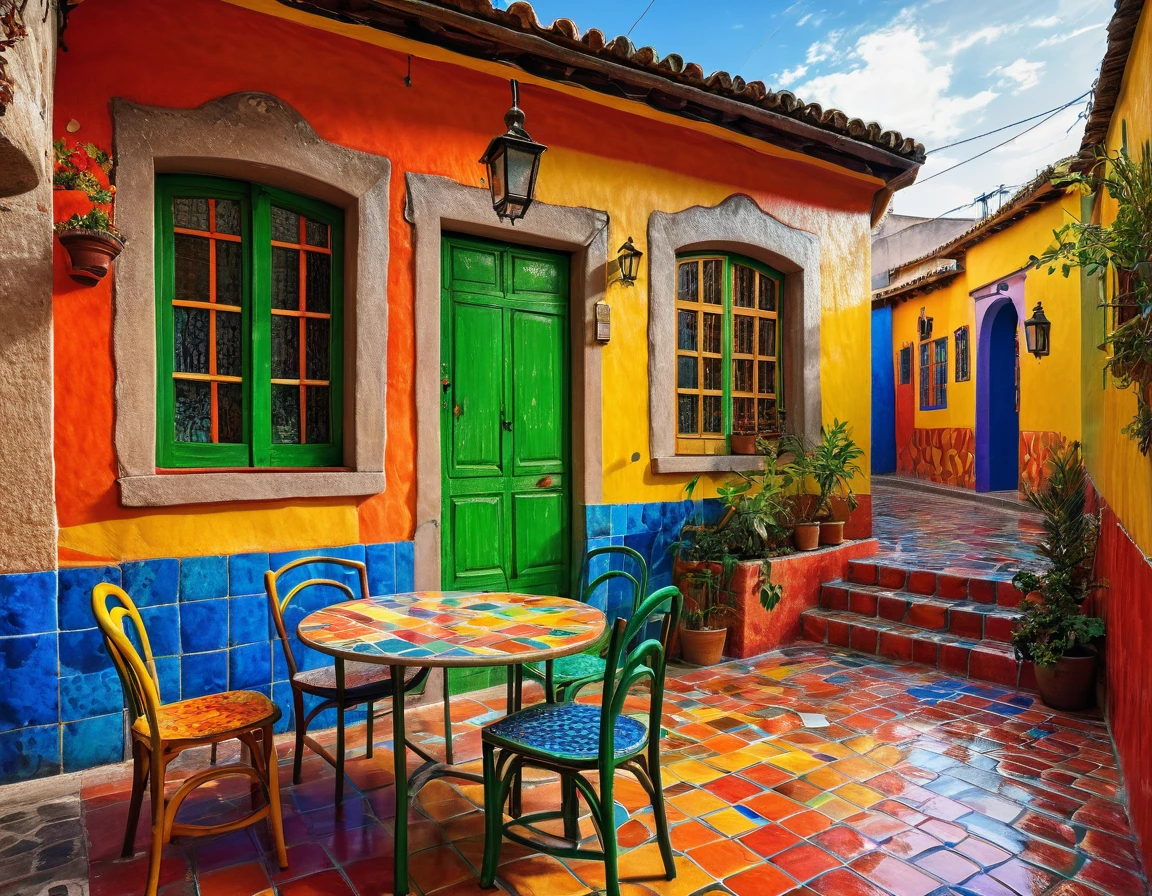 photography of a small rustic house with a table and chairs in front of it, colorful house, colorful tiled architecture, cracks and infiltration stains on the walls, worn paint, wet sidewalk, tlaquepaque, by Hundertwasser, 2 4 mm iso 8 0 0 color, by Miroslava Sviridova, Piet Mondrian, beautifully painted, colorful architecture, colorful building, quaint, colorful caparisons, beautiful colorful tilework, realistic 4k ultra detailed, deep focus, vibrant colors,high saturation,high contrast,very high resolution,HDR,8k, masterpiece, best quality