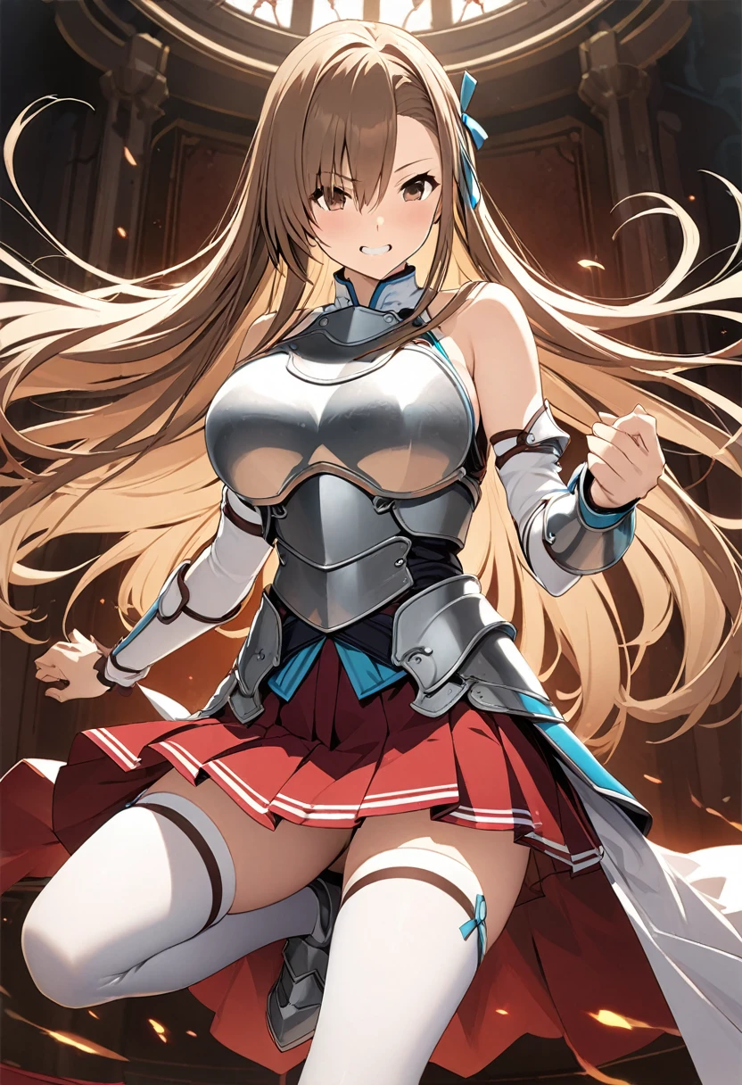 Highest quality、Super detailed、High resolution illustrations、Ultra-high-definition CG、８k size wallpaper、Production Art、Light novel illustrations、asuna yuuki, long hair, brown hair, brown eyes,
skirt, thighhighs, bare shoulders, detached sleeves, armor, white thighhighs, breastplate, red skirt,　rage、I&#39;m so angry、The wrinkles on his eyebrows、