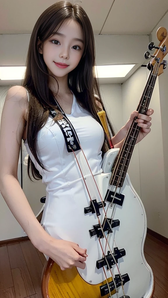 best quality, detailed, beautiful, insanely detailed, absurdres,perfect anatomy,
Japanese woman,black hair,27 years old,
(slender),
(small breasts),
(full body shot:1.0), arena, cheerful grin, blindfold, wave hair, (white fancy mini dress:1.0),(cleavage:1.2), (A scene where the drums are played violently:1.3), (View from below:1.3),(impressive panoramas:1.3)