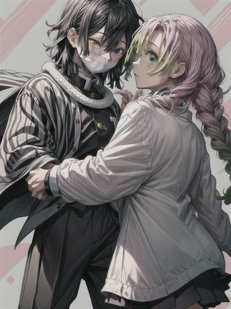 masterpiece, best quality, extremely detailed CG unity 8k wallpaper,1girl mitsuri, The illustration depicts two Demon Slayer: Kimetsu no Yaiba characters. 1girl A girl wearing a pleated skirt and a white haori over her . and 1boy obanai,  A boy wearing a uniform with a vertical striped pattern. He is wearing a mask. White snake, The background features a floral geometric pattern in soft pastel colors, creating a modern, artistic look.