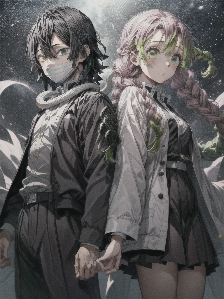 masterpiece, best quality, extremely detailed CG unity 8k wallpaper,1girl mitsuri, The illustration depicts two Demon Slayer: Kimetsu no Yaiba characters. 1girl A girl wearing a pleated skirt and a white haori over her . and 1boy obanai,  A boy wearing a uniform with a vertical striped pattern. He is wearing a mask. White snake, The background features a floral geometric pattern in soft pastel colors, creating a modern, artistic look.