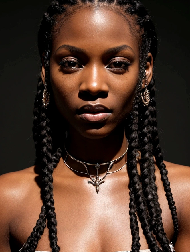 A close-up, natural, and realistic image of a black female model with long braids, illuminated by dramatic lighting. Women should have a strong, confident expression and wear jewelry to capture light. She has a tattoo on her neck. The background should be dark to emphasize the light on her face