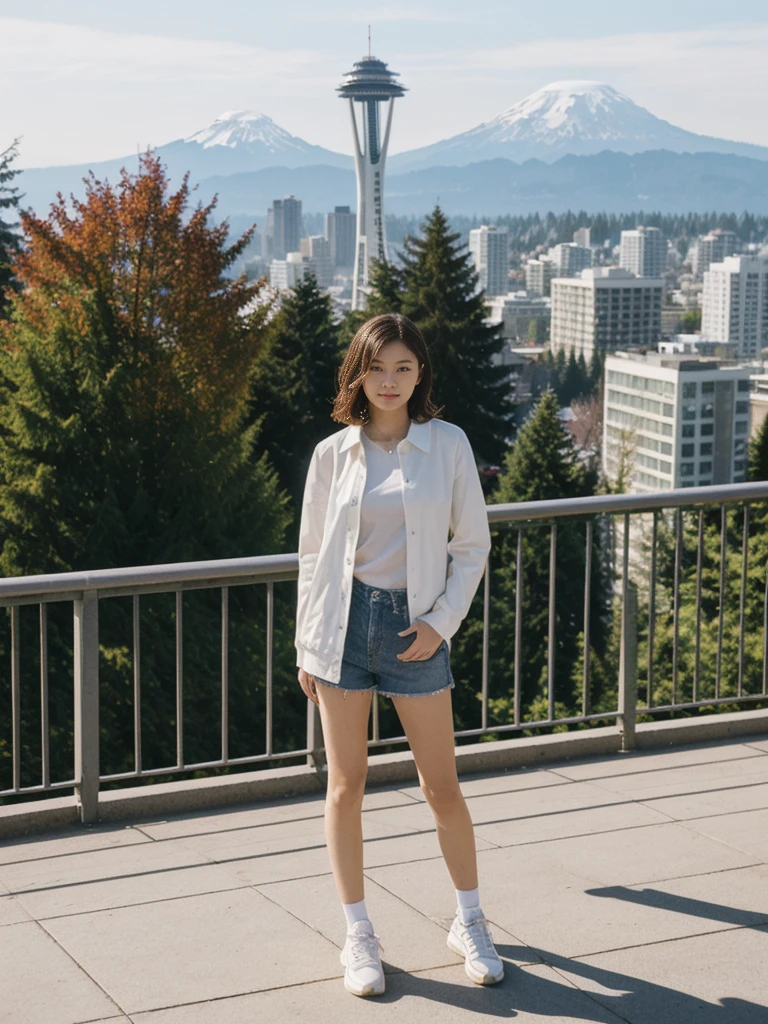 her name is Asako, high quality, 1girl, ((20-year-old fit Caucasian woman)), ((20 years old)), ((slim)), ((Wavy Bob)), pose: standing, wearing stylish fashionable Generation-Z modern wear different colored, BACKGROUND: At Kerry Park, with panoramic views of the Space Needle, downtown skyline, and Mount Rainier in the distance.