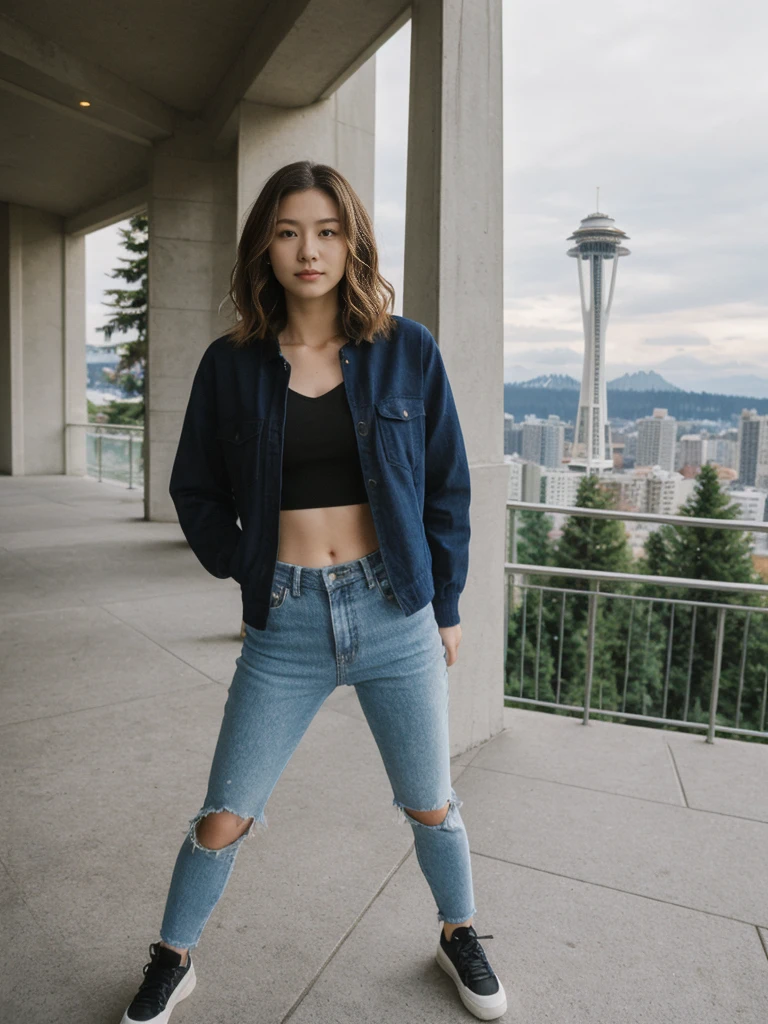 her name is Asako, high quality, 1girl, ((20-year-old fit Caucasian woman)), ((20 years old)), ((slim)), ((Wavy Bob)), pose: standing, wearing stylish fashionable Generation-Z modern wear different colored, BACKGROUND: At Kerry Park, with panoramic views of the Space Needle, downtown skyline, and Mount Rainier in the distance.