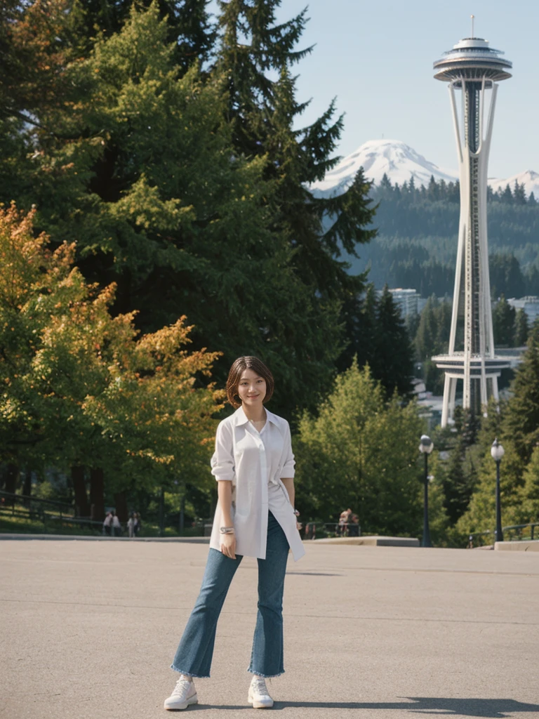 her name is Asako, high quality, 1girl, ((20-year-old fit Caucasian woman)), ((20 years old)), ((slim)), ((Wavy Bob)), pose: standing, wearing stylish fashionable Generation-Z modern wear different colored, BACKGROUND: At Kerry Park, with panoramic views of the Space Needle, downtown skyline, and Mount Rainier in the distance.