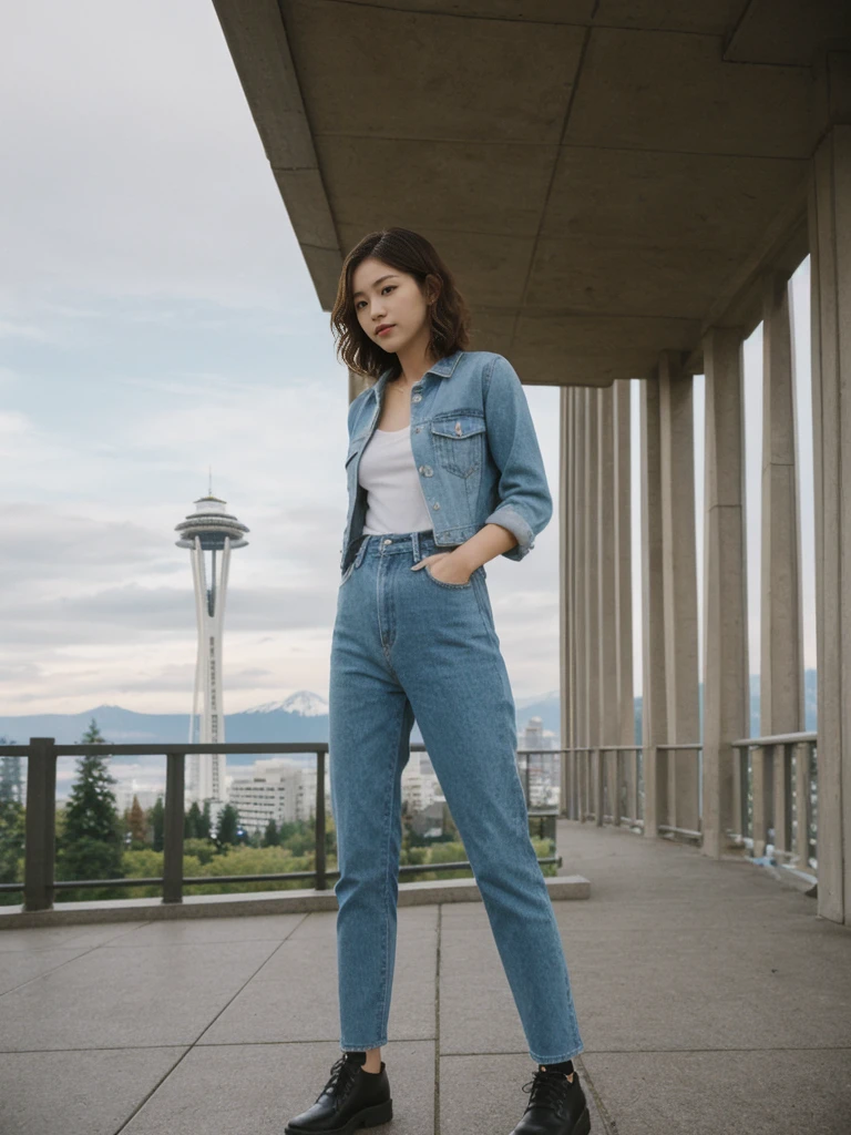 her name is Asako, high quality, 1girl, ((20-year-old fit Caucasian woman)), ((20 years old)), ((slim)), ((Wavy Bob)), pose: standing, wearing stylish fashionable Generation-Z modern wear different colored, BACKGROUND: At Kerry Park, with panoramic views of the Space Needle, downtown skyline, and Mount Rainier in the distance.
