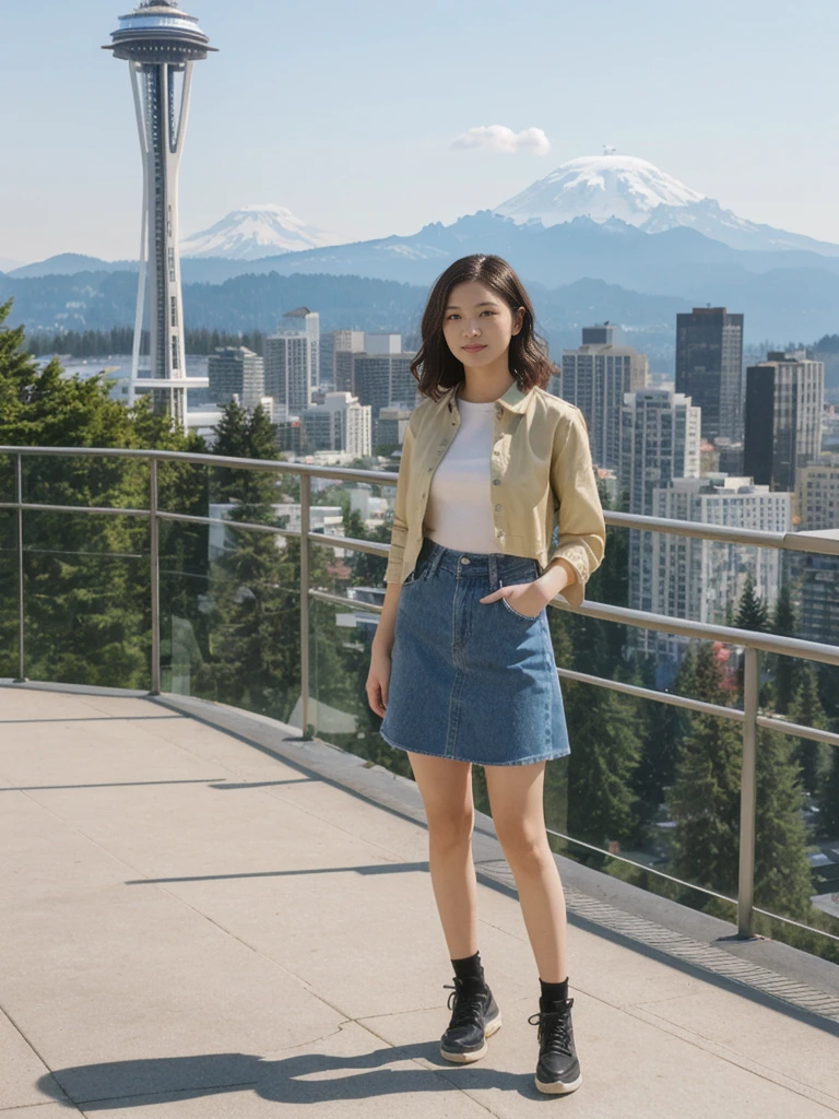 her name is Asako, high quality, 1girl, ((20-year-old fit Caucasian woman)), ((20 years old)), ((slim)), ((Wavy Bob)), pose: standing, wearing stylish fashionable Generation-Z modern wear different colored, BACKGROUND: At Kerry Park, with panoramic views of the Space Needle, downtown skyline, and Mount Rainier in the distance.
