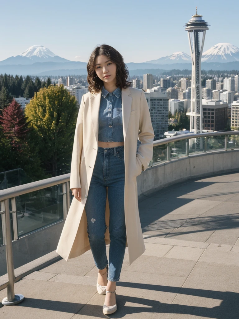 her name is Asako, high quality, 1girl, ((20-year-old fit Caucasian woman)), ((20 years old)), ((slim)), ((Wavy Bob)), pose: standing, wearing stylish fashionable Generation-Z modern wear different colored, BACKGROUND: At Kerry Park, with panoramic views of the Space Needle, downtown skyline, and Mount Rainier in the distance.