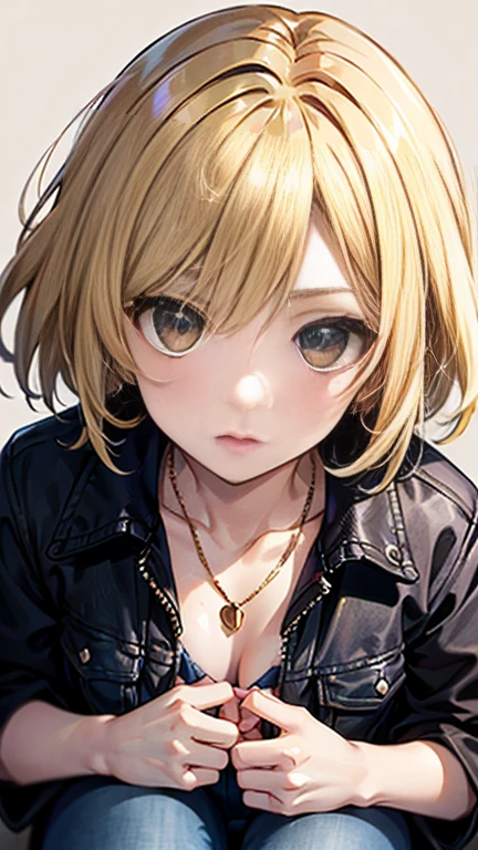 Nishizumi Shiho,Darjeeling,where,
One Woman,
(Blonde:1.5),
(Semi-short hair:Slightly longer,)Asymmetrical Hair,Perm,Gradient Hair:Gold-black,
Late 30s,Natural skin texture,Narrow waist,Pale brown skin,tall,
Japanese Girl,Gal,
light brown eyes,Slightly larger breasts,
(((Black jacket))),
((Black Jeans Pants)),
Golden Necklace,
((ID photo:1.8,Plain background:1.6,Capture your subject from the front)),
expression(Straight face),
Natural depiction,
Beautiful depiction,
Shiny eyes,
Healthy Body,
Natural hairstyle,
Natural body contours,
Natural facial contours,
(Five fingers)Absolute depiction,Symmetrical fingers,
Two arms,
Two legs,
Sharp eyelid depiction,
Symmetrical eyes,Symmetrical eyes,
Keep the subject in the center,Expand the upper body,
Beautiful image quality,
Delicate shades,
4K,Very detailed,
Delicate light adjustment,
Delicate contour drawing,