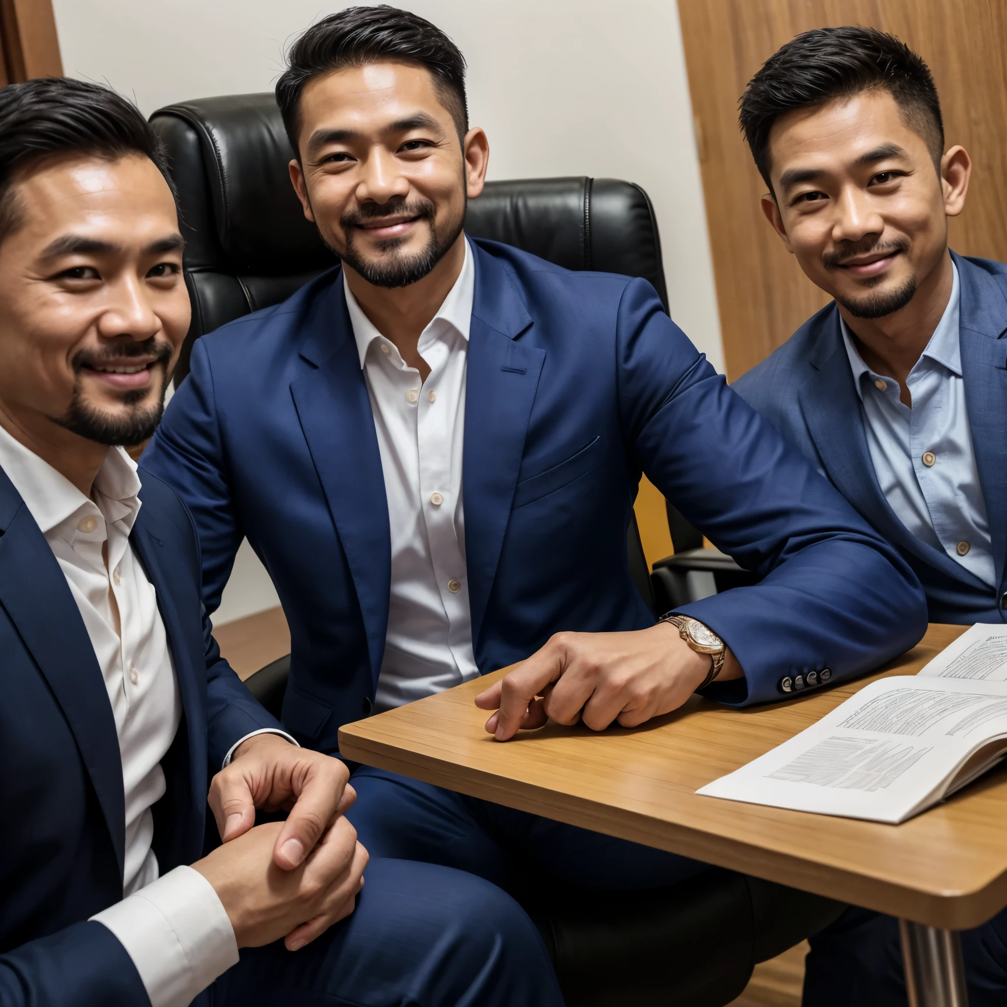 ภาพrealistic,Thai guy,Age 40,Oval face,Has a slight beard,handsome,cool,smile,Wear a dark blue suit.,Selfie,CEO,At the office,sitting in a meeting,There were approximately 20 people attending the meeting.,long conference table,Bokeh,realistically,realistic,Clear eyes,All fingers,นิ้วมือrealistically,Sharp picture.