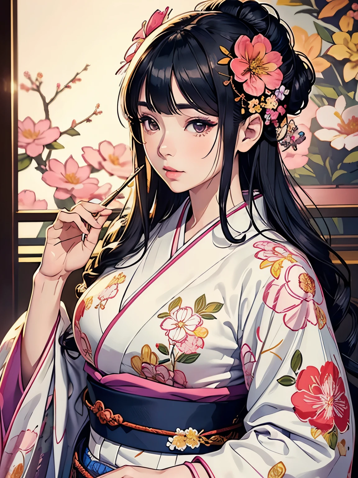 A beautiful detailed girl, Hinata Hyuga, dressed in a flowered kimono, extremely realistic, very cute,, detailed facial features, dressed in a flowered kimono, beautiful detailed eyes, beautiful detailed lips, extremely detailed eyes and face, dressed in a flowered kimono,, long eyelashes, realistic skin texture, intricate hair details, flawless porcelain skin, delicate feminine figure, dressed in a flowered kimono, pose, cinematic lighting, vibrant colors, hyperrealistic, highly detailed, 8k, masterpiece
