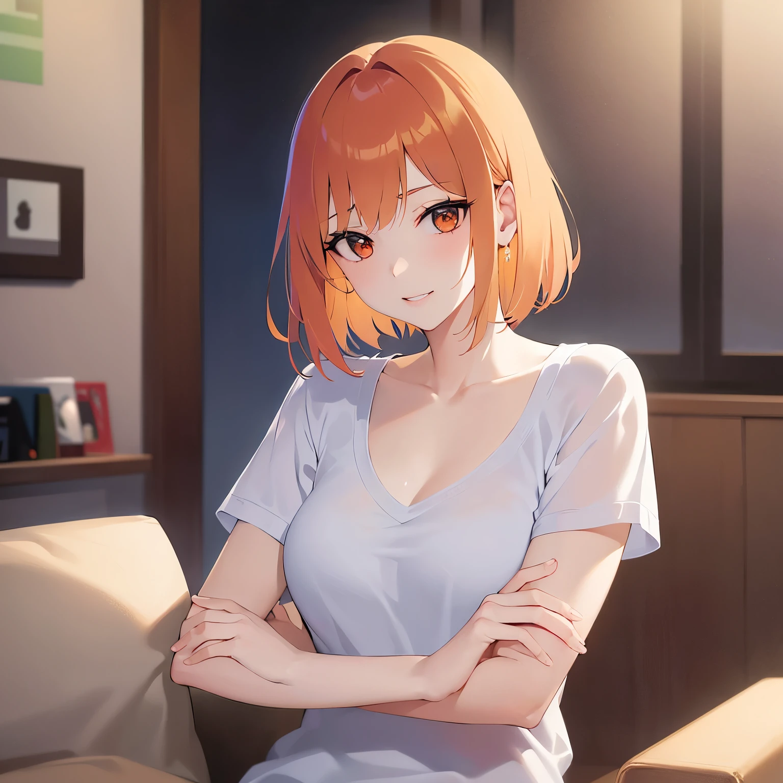 Upper Body, Realistic, real person, (pale skin: 1.2), RAW photo, photorealistic, shiny skin, shiny hair、(A 25-year-old woman with a bob cut and bangs) and (orange hair) and (Orange Eyes) , Wearing a white V-neck T-shirt ,blush,(grin,1.3), The background is the living room at night、Alone、Arms crossed
