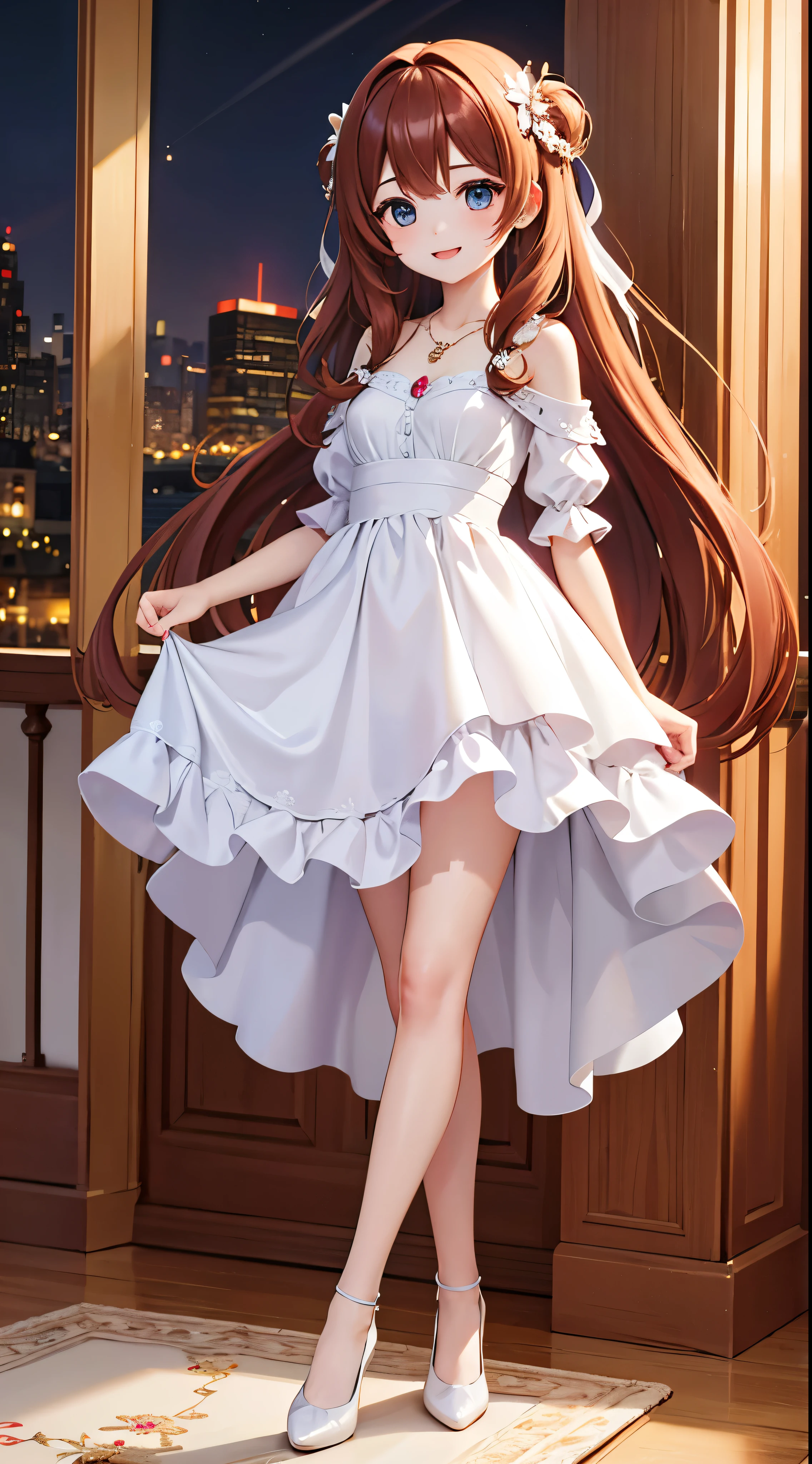 with high definition images，The most beautiful woman in the world、Long Chestnut Hair、Wavy hairstyle、smile、necklace、temperament、White satin dress、Full body high quality images、Facial details