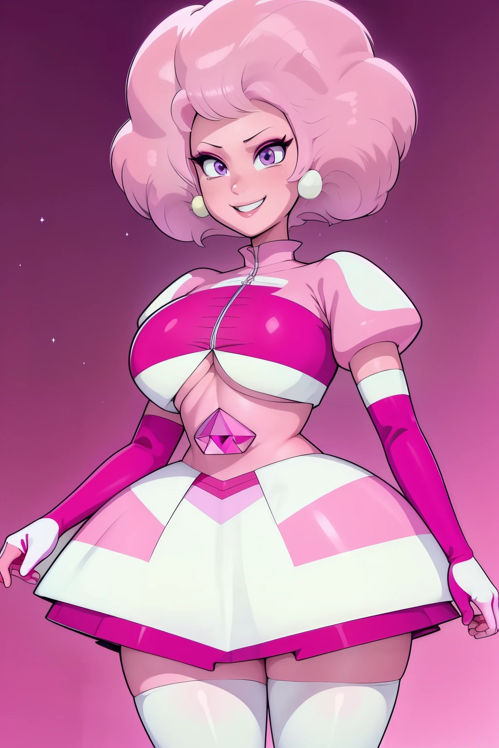 pnkdamond, pink hair, pink eyes,  big hair,  stomach gem,  pink skin,  toned, 
puffy short sleeves, elbow gloves ,  white thighhighs,   puffy dress, 
standing, upper body, 
 outerspace,  
(insanely detailed, beautiful detailed face,beautiful detailed eyes, masterpiece, best quality) cinematic lighting,  smile, 
 