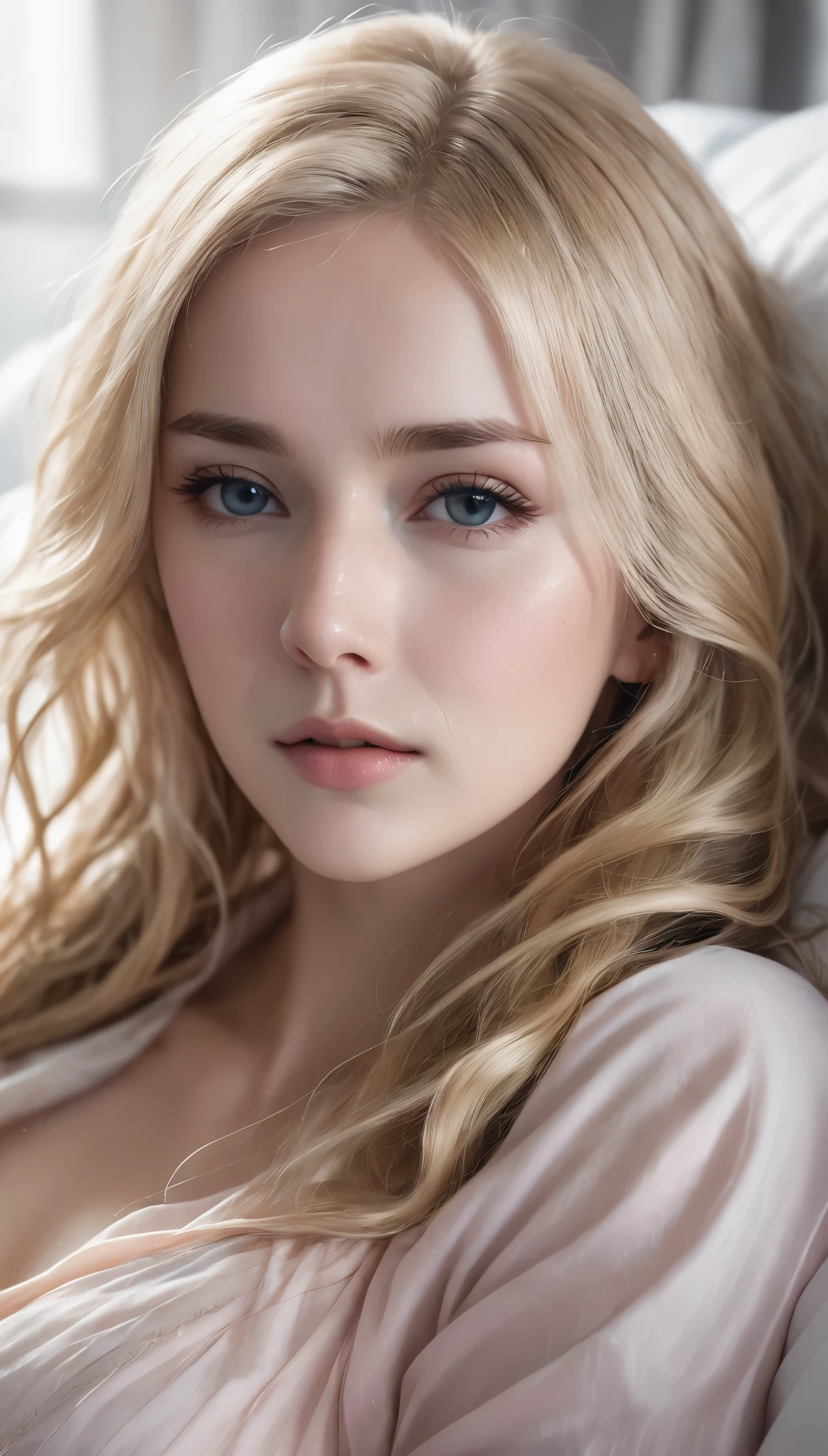 blonde girl, alone, (25 years old:1.3), beautiful lady, (Blonde extra long wavy hair:1.3), Detailed face:1.2), ((Detailed face features:1.3)), Delicate skin, perfect skin, charming breast, ((portrait:1.3)), wrapped in a silk cloth, Bedroom environment, (Lying in bed:1.3), (Cool color scheme:1.2), wet, tired, light blush, Reflective surface, (current:1.3), (High resolution:1.3), ((Realistic:1.4)), masterpiece, real details, shallow depth of field