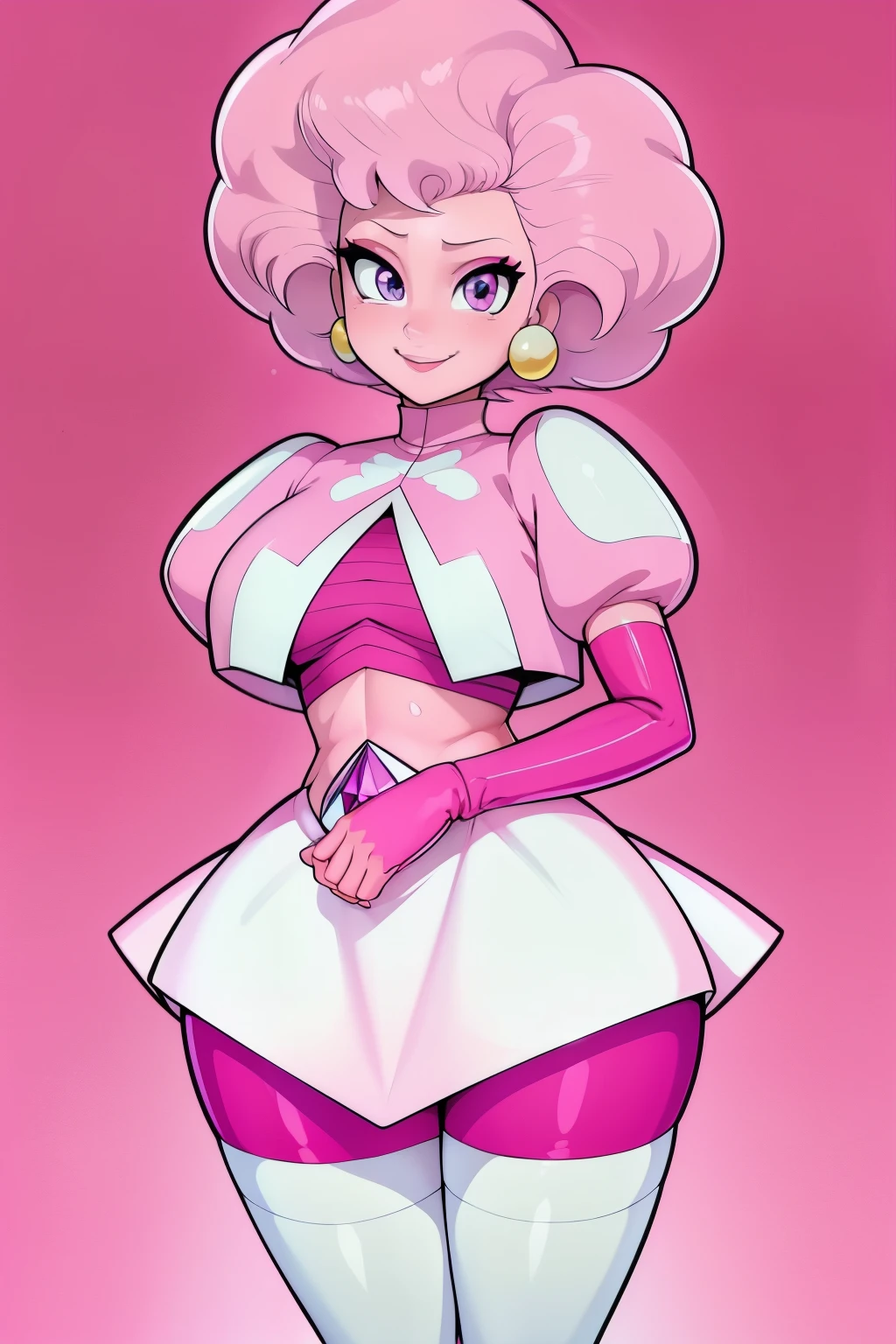 pnkdamond, pink hair, pink eyes,  big hair,  stomach gem,  pink skin,  toned, 
puffy short sleeves, elbow gloves ,  white thighhighs,   puffy dress, 
standing, upper body, 
 outerspace,  
(insanely detailed, beautiful detailed face,beautiful detailed eyes, masterpiece, best quality) cinematic lighting,  smile, 
 