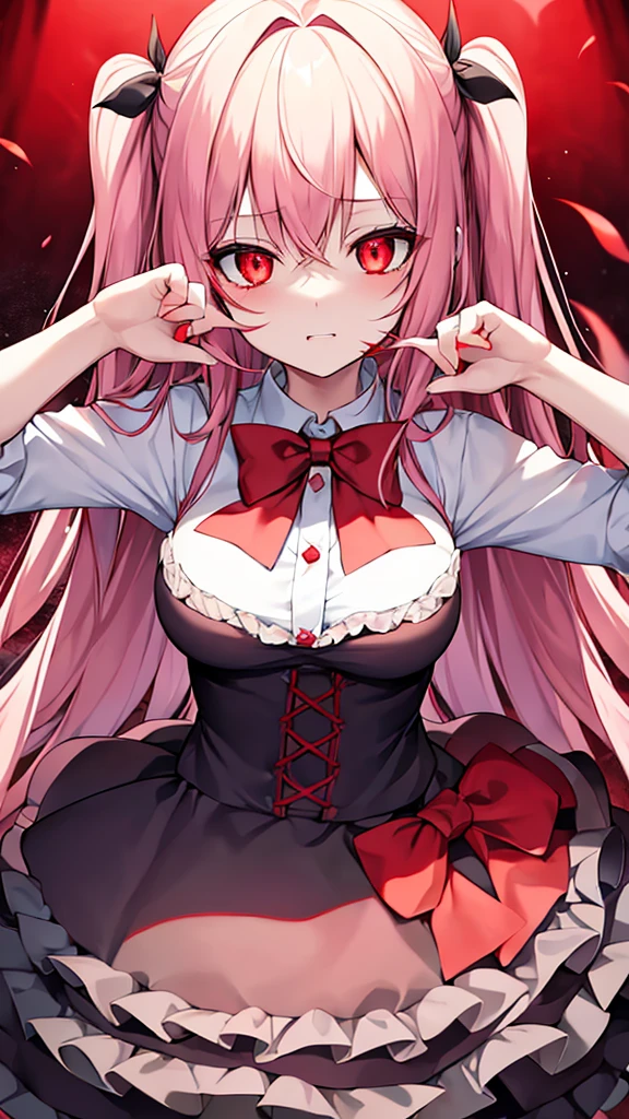 Anime girl with blood in her eyes and a bow tie, gapmoe Yandere, gapmoe Yandere grimdark, With eyes that glow red, Yandere, Red eyes glow, My eyes are completely red, Devil Anime Girl, portrait gapmoe Yandere grimdark, My eyes are completely red no pupils, With red eyes, Bloody Eyes, Yandere intricate, 
