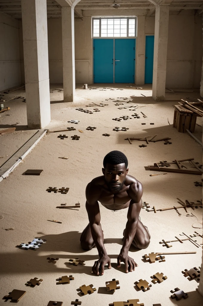 A black person who is made of a puzzle even though there are missing pieces. The person is kneeling and has the size of a giant. It is inside a place of only white with many rooms of different colors scattered throughout the place., both on the ground and floating thanks to sticks. The person is also digging in these rooms.