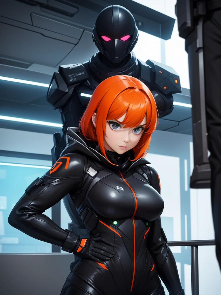 girl, with black futuristic spy suit, Orange hair