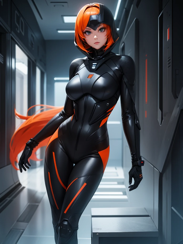 girl, with black futuristic spy suit, Orange hair