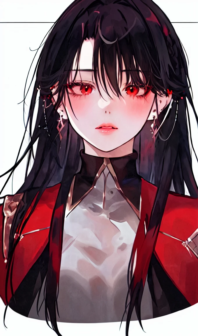1girl, portrait, earrings, solo,lips, female focus, red eyes, looking at viewer, black hair, long hair, closed mouth
