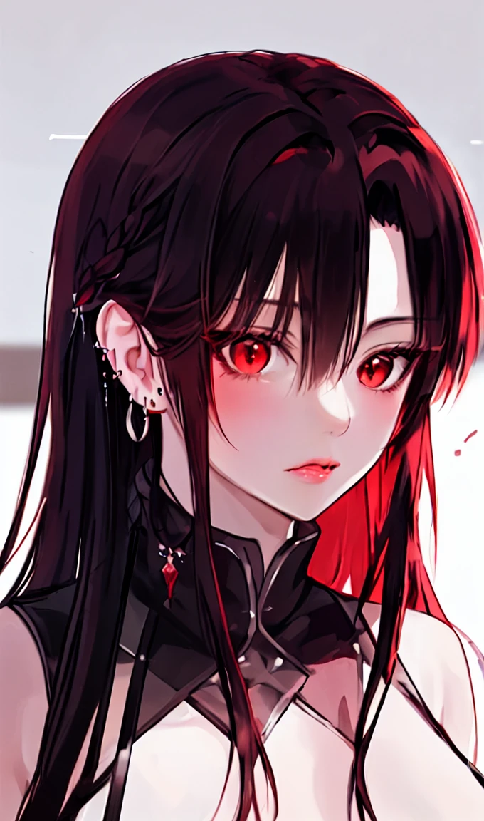 1girl, portrait, earrings, solo,lips, female focus, red eyes, looking at viewer, black hair, long hair, closed mouth