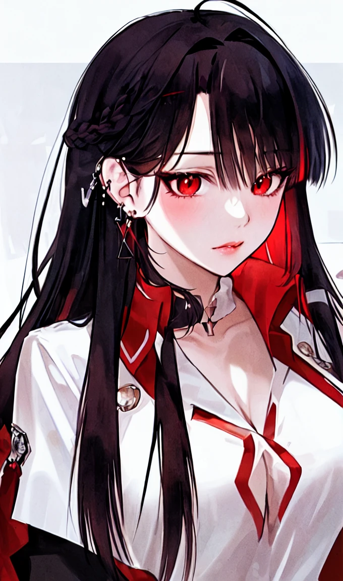 1girl, portrait, earrings, solo,lips, female focus, red eyes, looking at viewer, black hair, long hair, closed mouth