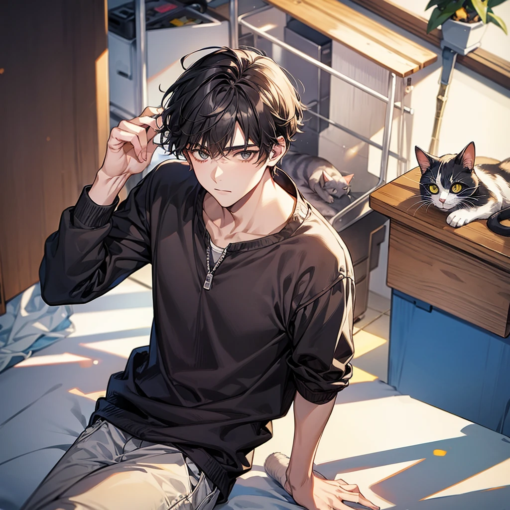 Boy, , handsome and cool, and cat.