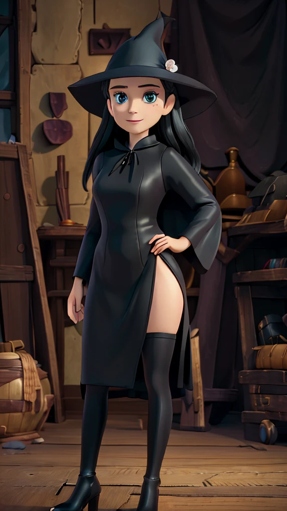 A beautiful woman wearing a black witch dress, black witch hat, black cape, short witch skirt, black translucent stockings, black high heels, pale skin, black lipstick and eye makeup, serious expression and slight smile, long white hair, large breasts, large buttocks, looking back at the viewer, (best quality,4k,8k,highres,masterpiece:1.2),ultra-detailed,(realistic,photorealistic,photo-realistic:1.37),HDR,UHD,studio lighting,ultra-fine painting,sharp focus,physically-based rendering,extreme detail description,professional,vivid colors,bokeh,portrait,fantasy,dark,dramatic lighting