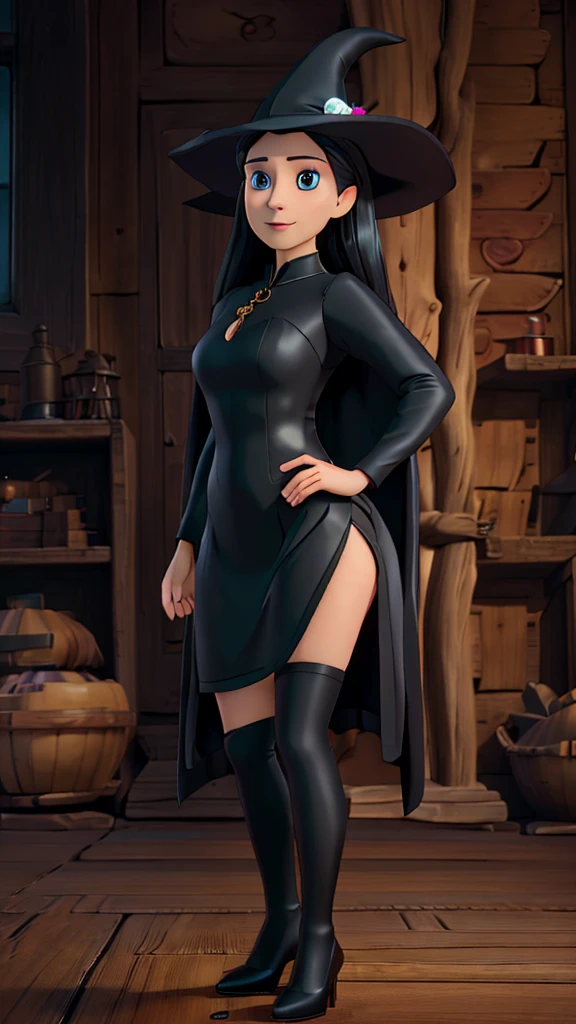 A beautiful woman wearing a black witch dress, black witch hat, black cape, short witch skirt, black translucent stockings, black high heels, pale skin, black lipstick and eye makeup, serious expression and slight smile, long white hair, large breasts, large buttocks, looking back at the viewer, (best quality,4k,8k,highres,masterpiece:1.2),ultra-detailed,(realistic,photorealistic,photo-realistic:1.37),HDR,UHD,studio lighting,ultra-fine painting,sharp focus,physically-based rendering,extreme detail description,professional,vivid colors,bokeh,portrait,fantasy,dark,dramatic lighting