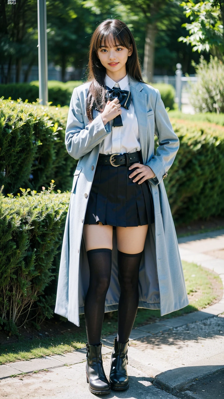 (8K、RAW Photos、Highest quality、masterpiece:1.2)、(Realistic、Realistic)、1 Girl、((Check mini skirt、Long coat、black、Thin legs、whole body、boots、one piece、tights、garden、View from the front、smile、Looking into the camera、belt、Stand with hands on hips))、cute