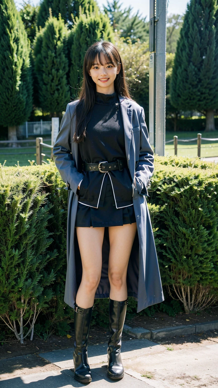 (8K、RAW Photos、Highest quality、masterpiece:1.2)、(Realistic、Realistic)、1 Girl、((Check mini skirt、Long coat、black、Thin legs、whole body、boots、one piece、tights、garden、View from the front、smile、Looking into the camera、belt、Stand with hands on hips))、cute