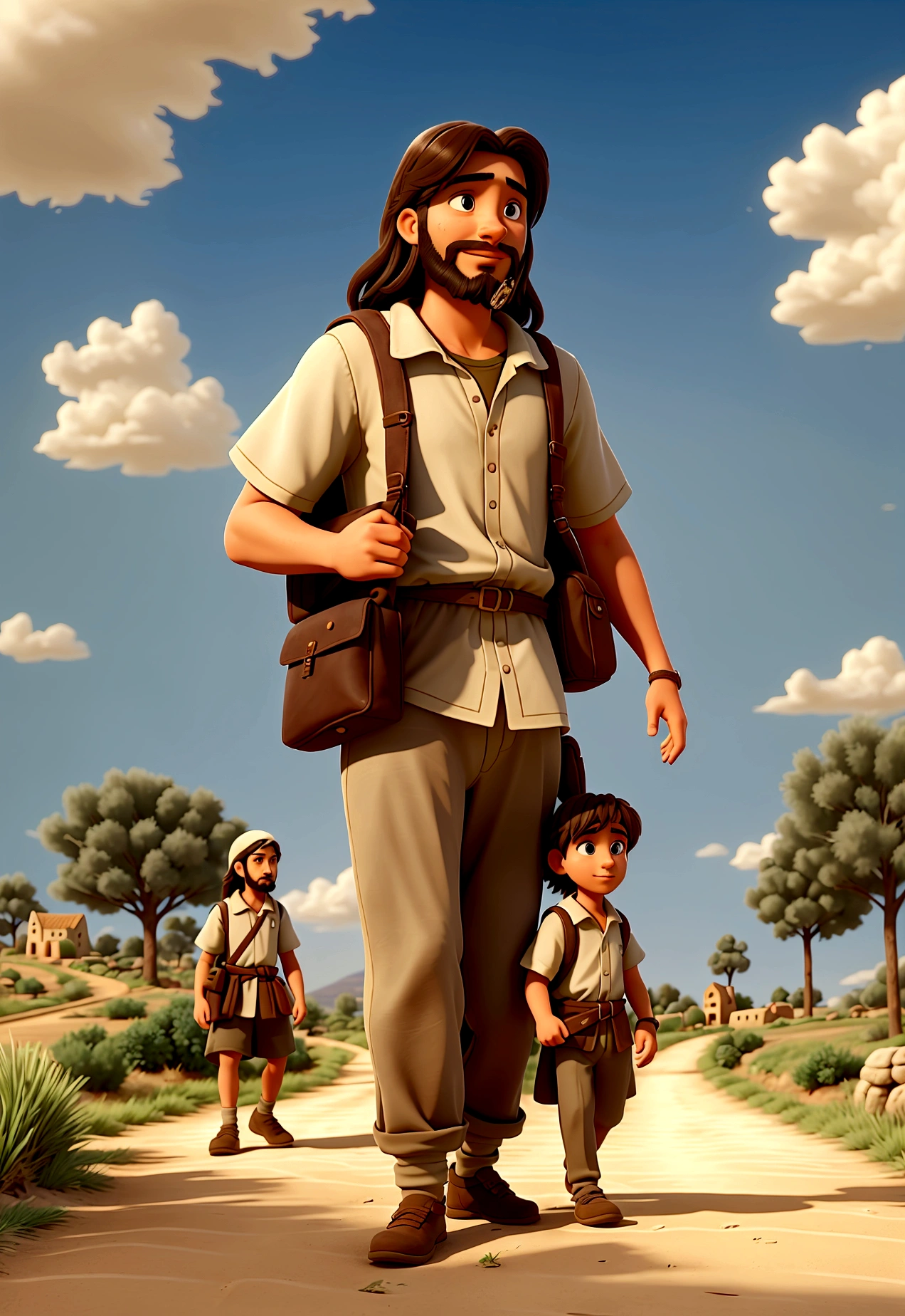 In the image, depict two of Jesus' followers walking on a dusty road towards a small village named Emmaus, located approximately ten kilometers from Jerusalem. They should appear deep in conversation, discussing recent events. Jesus, unrecognized by them, walks alongside, engaging in their conversation. Capture the moment when Jesus begins to explain the Scriptures to them. The village of Emmaus should be visible in the distance. The mood of the image should convey a sense of revelation and anticipation.