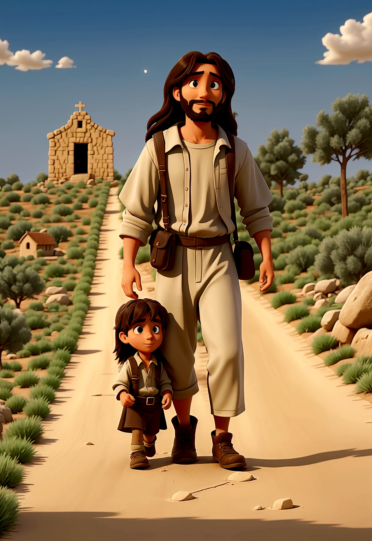 In the image, depict two of Jesus' followers walking on a dusty road towards a small village named Emmaus, located approximately ten kilometers from Jerusalem. They should appear deep in conversation, discussing recent events. Jesus, unrecognized by them, walks alongside, engaging in their conversation. Capture the moment when Jesus begins to explain the Scriptures to them. The village of Emmaus should be visible in the distance. The mood of the image should convey a sense of revelation and anticipation.
