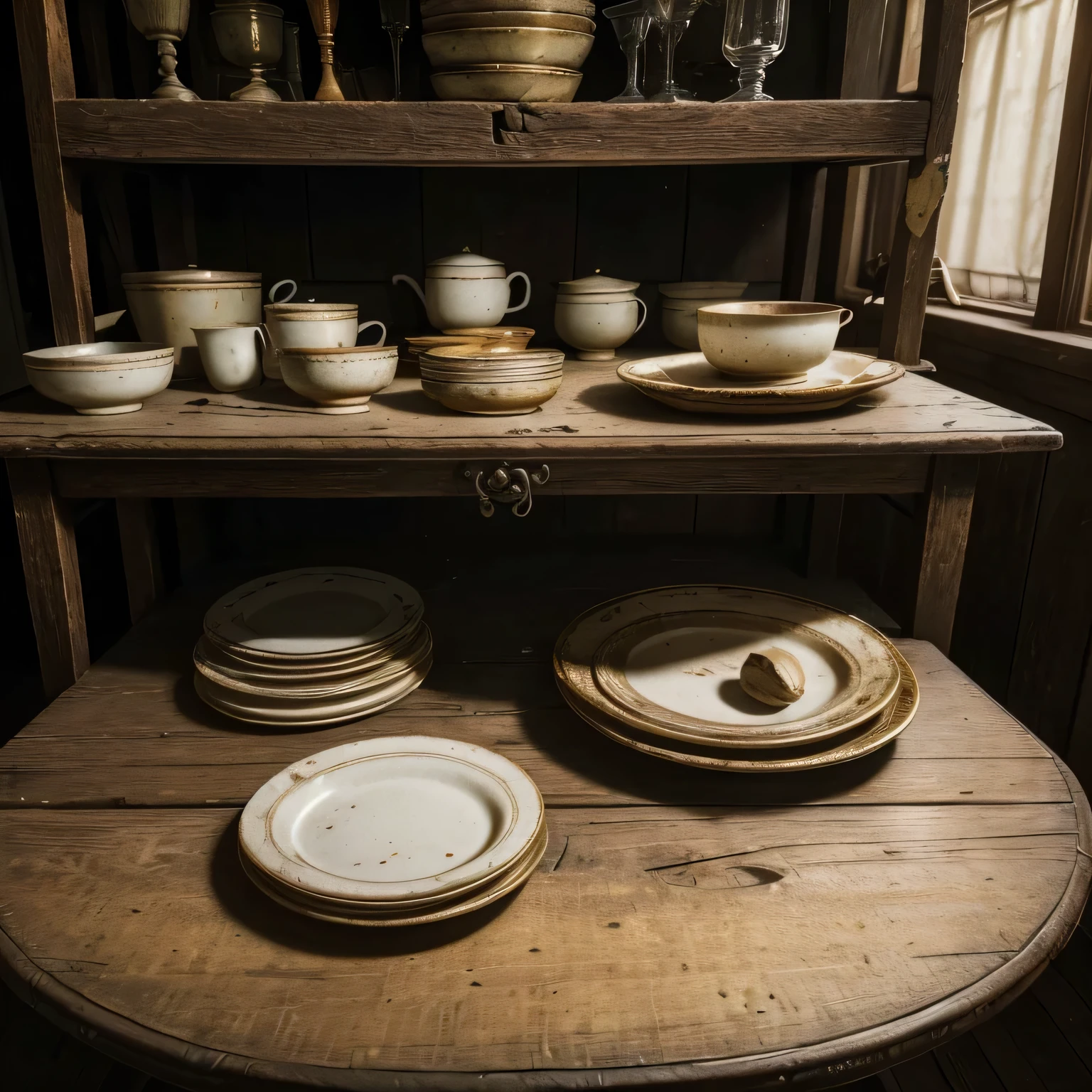 "An antique wooden table displays a collection of old, dirty plates and bowls. The plates have faded gold edges and stains evident from long use. Some are dusty, revealing their long neglect, while others display fine cracks, telling stories of many meals The glasses, next to the plates, are stained and worn, reflecting an atmosphere of nostalgia and history."