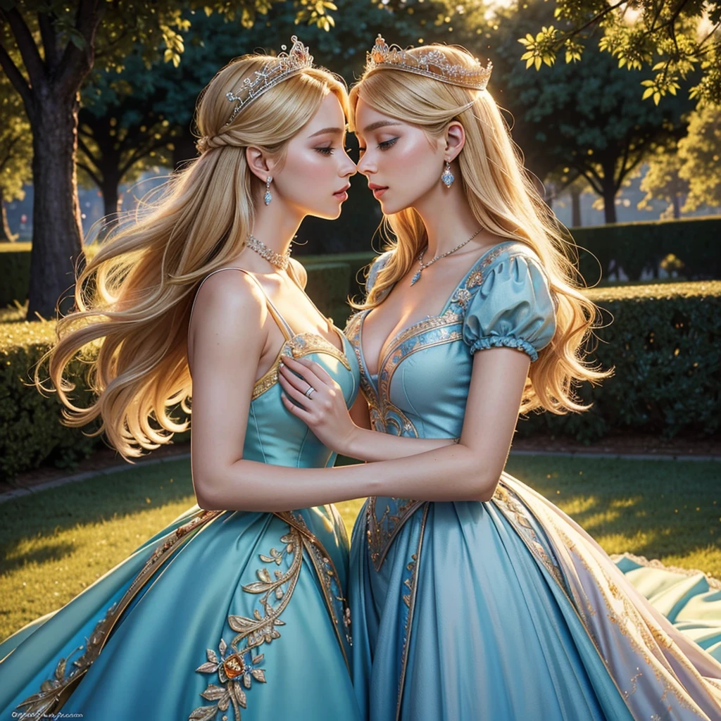 (masterpiece, best quality), highest quality, High resolution, Super detailed, realistic, Full body shot of blonde princess, detailed and beautiful eyes, beautiful detailed lips, highly detailed eyes and face, long eyelashes, princess in blue royal gown, Gorgeous and colorful makeup, Elegant and classy々pose,shining crown and jewels, Royal gardens as background, soft natural light, Bright colors, fine brush strokes, portrait style, Exquisite details in the dress material, gorgeous color palette, glowing skin, Top-notch rendering that captures every detail, enchanting atmosphere, subtle shadows and highlights, (perfect anatomy:1.2), (two stunning princesses is deeply in love with each other:1.4), (kiss:1.2)