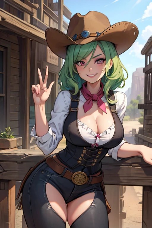 Perfect face, perfect hands. A light green haired female cowgirl with pink eyes and an hourglass figure in a conservative cowgirl outfit is leaning on a railing with a big smile in a wild west town