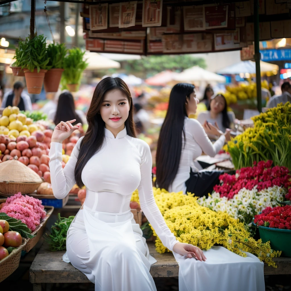 ((Red Ao Dai, big breasts, beautiful breasts, sitting in the middle of the market with many people around, 8k quality photo with good details))
