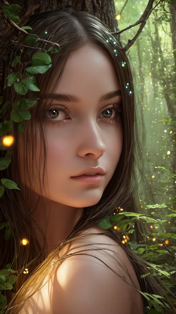 una hermosa joven en un Magic Forest, rodeada de glowing fireflies, con una ethereal expression y soñadora

una hermosa joven, 1 girl, Beautiful detailed eyes, beautiful detailed lips, extremely detailed face, long eyelashes, ethereal expression, glowing fireflies, Magic Forest, dense foliage, sunlight filtering through the trees, soft lighting, muted color palette, Fancy, dreamlike , Very detailed, 8k, photorealistic, Masterpiece, conceptual art 