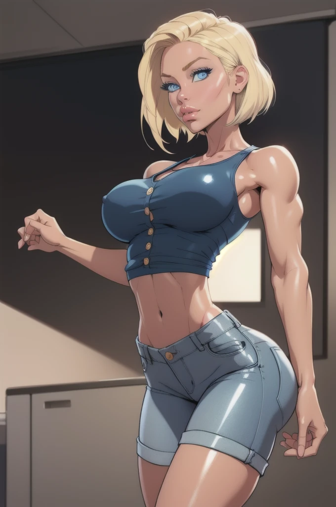 Panel work of art, blue colored eyes, short blonde hair, wearing a tight blue tank top with a low neckline, defined and shiny breasts wearing short, tight denim shorts with the buttons open, defined body, 4K HD image