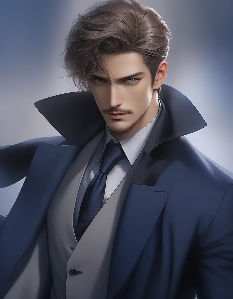 1man, mature male, parted bangs, medium-short hair, brown hair, muscular male celeb, short goatee, short mustache, indigo eyes, gentleman, elegant netori male, BREAK solo, white collared shirt, gray trench coat, black neck ribbon, in gentle sasaki style, visual novel, 2010s, extreme all detailed, masterpiece, best quality